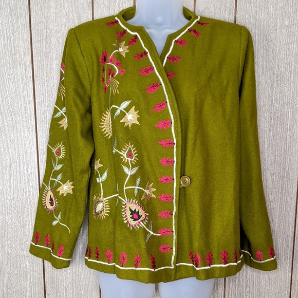 Vintage Wool Blend Embroidered Coat Large Terry K Floral Green Red - Picture 2 of 16